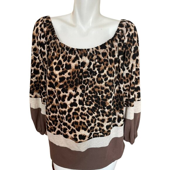 entro Tops - Entro Off Shoulder Tunic Top Women's Size X-Large Brown Black Animal Print